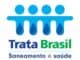 Selo do programa Trata Brasil promovendo saneamento básico sustentável e saúde pública no Brasil, com ícones de plantas e gotas de água em azul e verde, enfatizando preservação ambiental e saneamento.