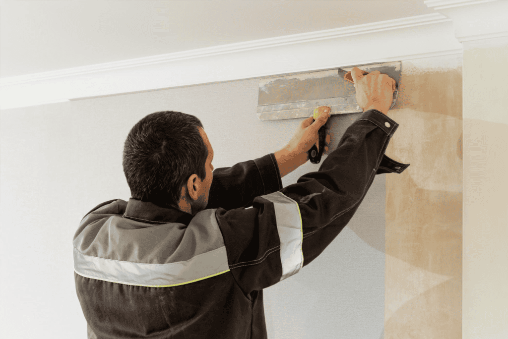 Professional worker removing popcorn ceiling for renovation project.