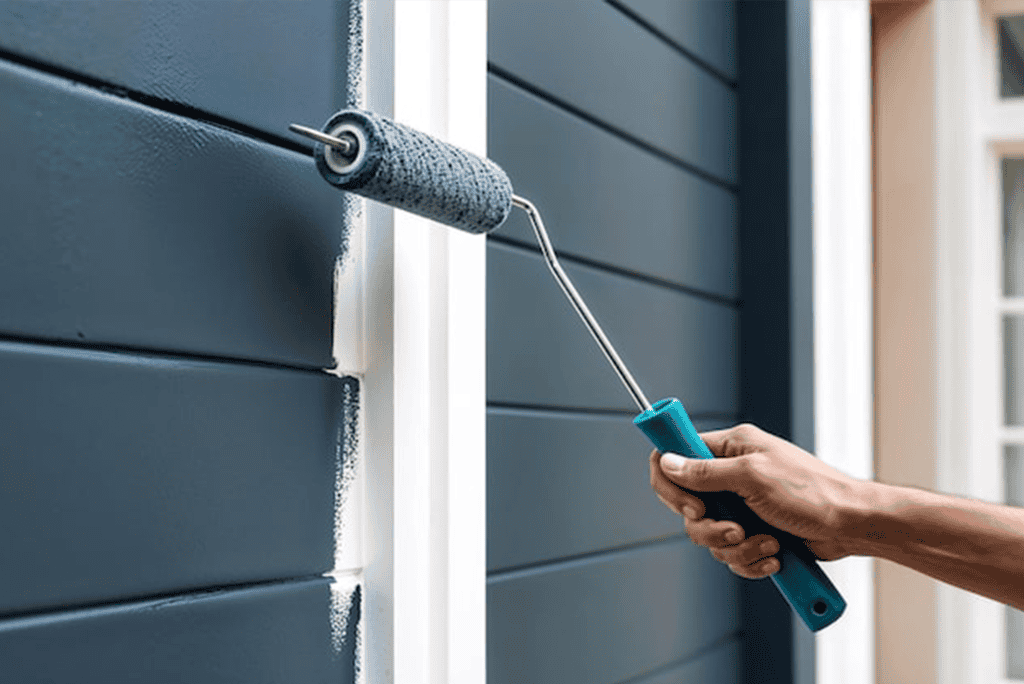 Person painting exterior wall with roller brush in blue siding.