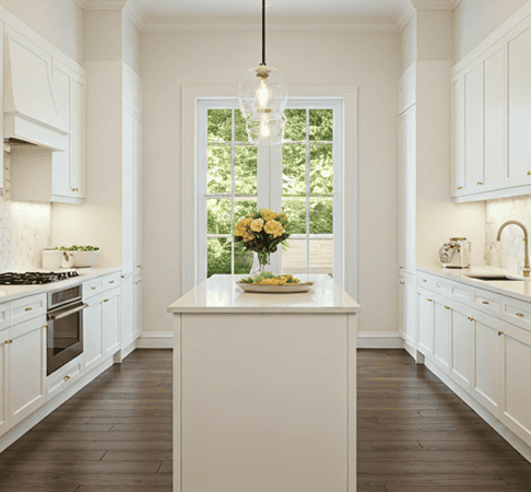 Bright white kitchen with modern cabinetry and a central island with flowers.