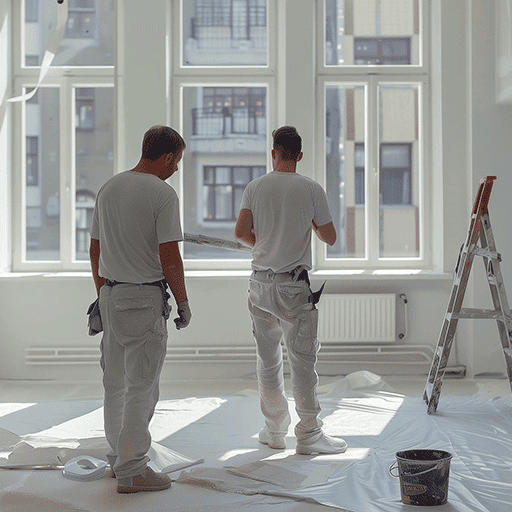 Two painters preparing a room for painting with large windows in the background.