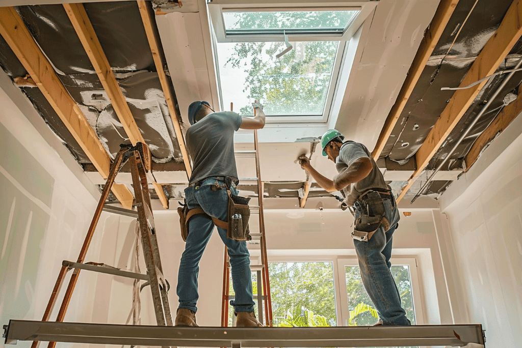 Workers installing skylight in a home renovation project.