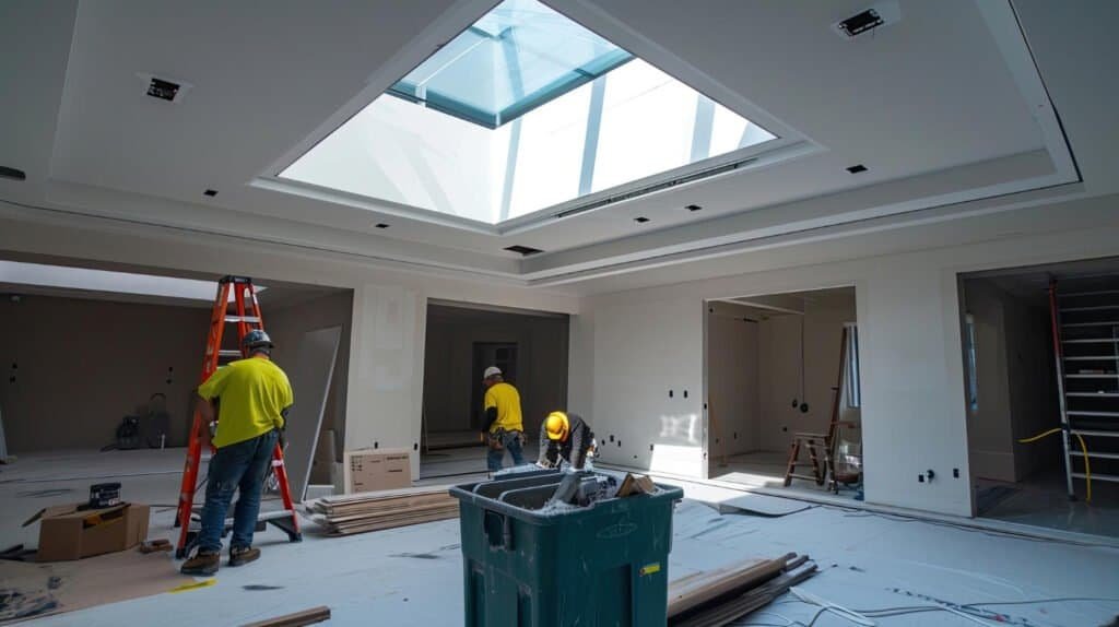 Interior renovation with workers installing ceiling and lighting fixtures.