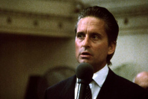 Gekko (Douglas) gives the famous "Greed is Good" speech.
