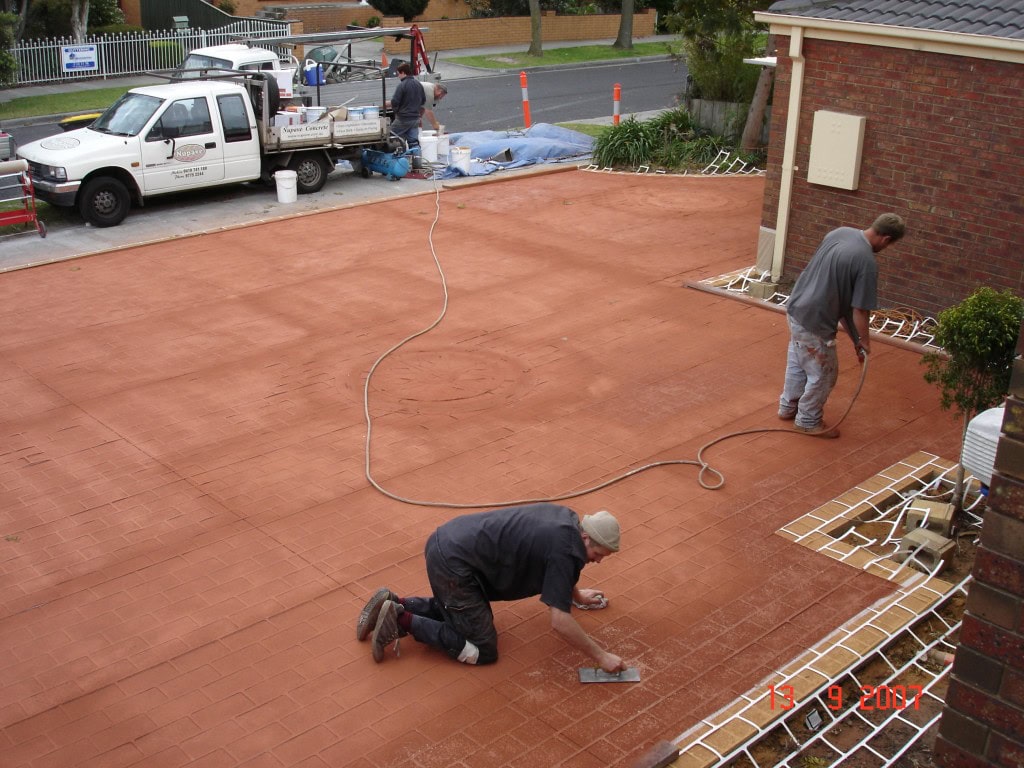 Stencil concrete resurfacing top coat application Melbourne driveway