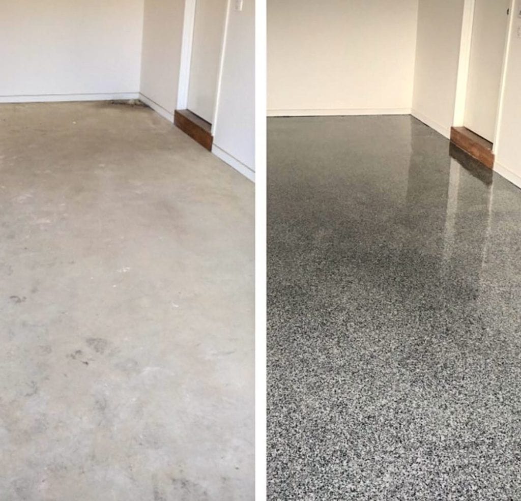 Before and after flake epoxy garage floor Melbourne