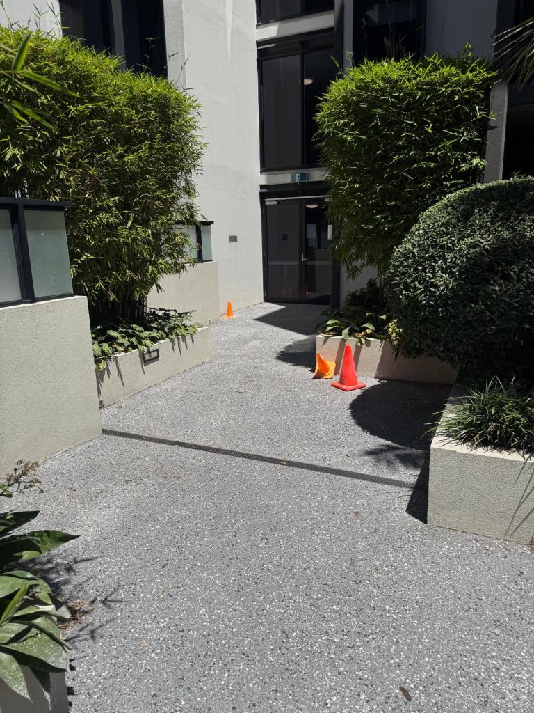 Commercial exposed aggregate concrete resurfacing Melbourne entry pathway