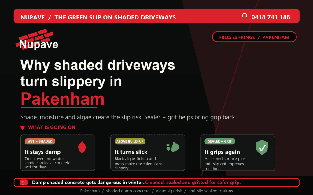 Shaded driveway slip risk guide for concrete sealing in Pakenham