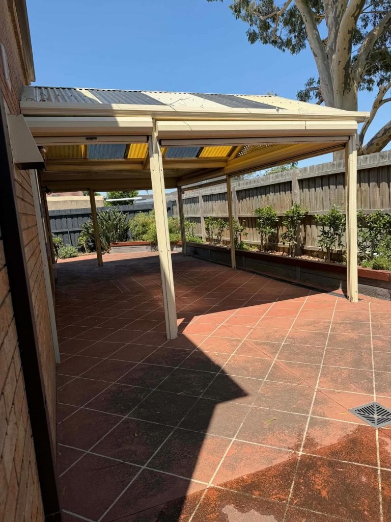 Stencil Concrete resurfacing before reseal 8 years later – worn sealer on stencil concrete patio Melbourne