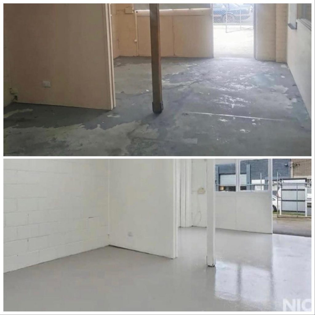 Before and after reception area epoxy flooring