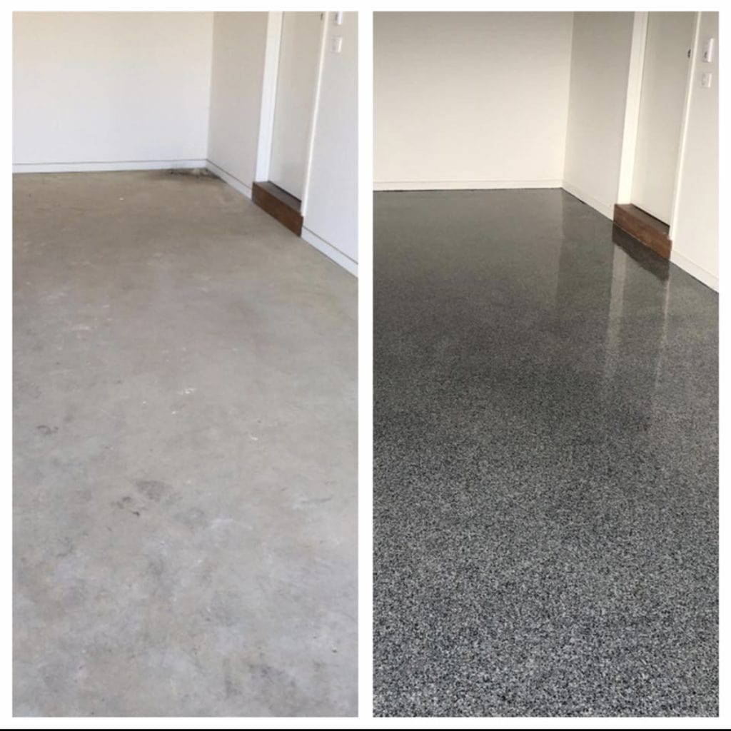 Flake epoxy garage floor before and after Melbourne
