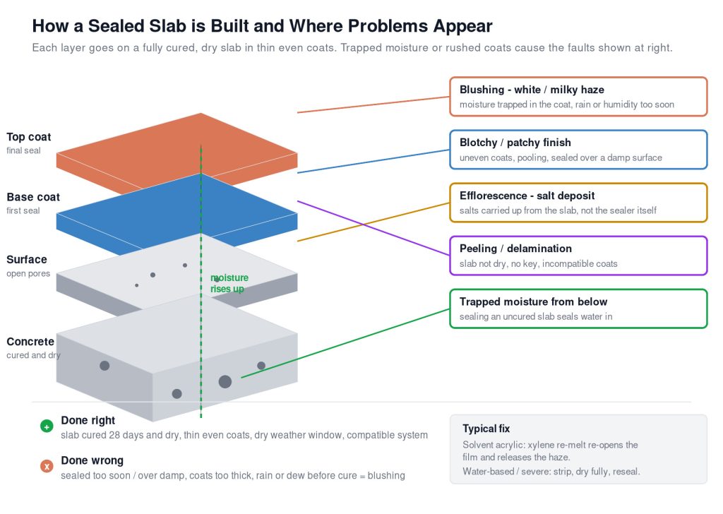 Concrete sealer layer diagram showing how moisture can become trapped under sealer