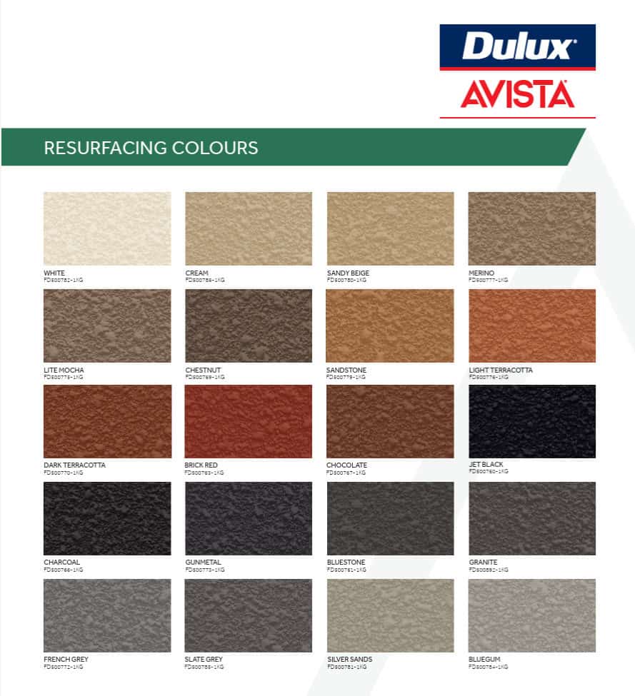 Dulux Avista concrete resurfacing colour chart showing the range of single colour finishes