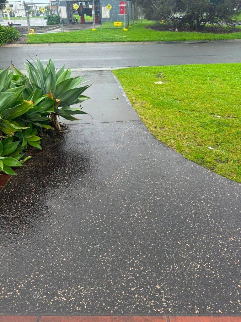 Exposed aggregate concrete installed in 1993 beside a lawn and garden.