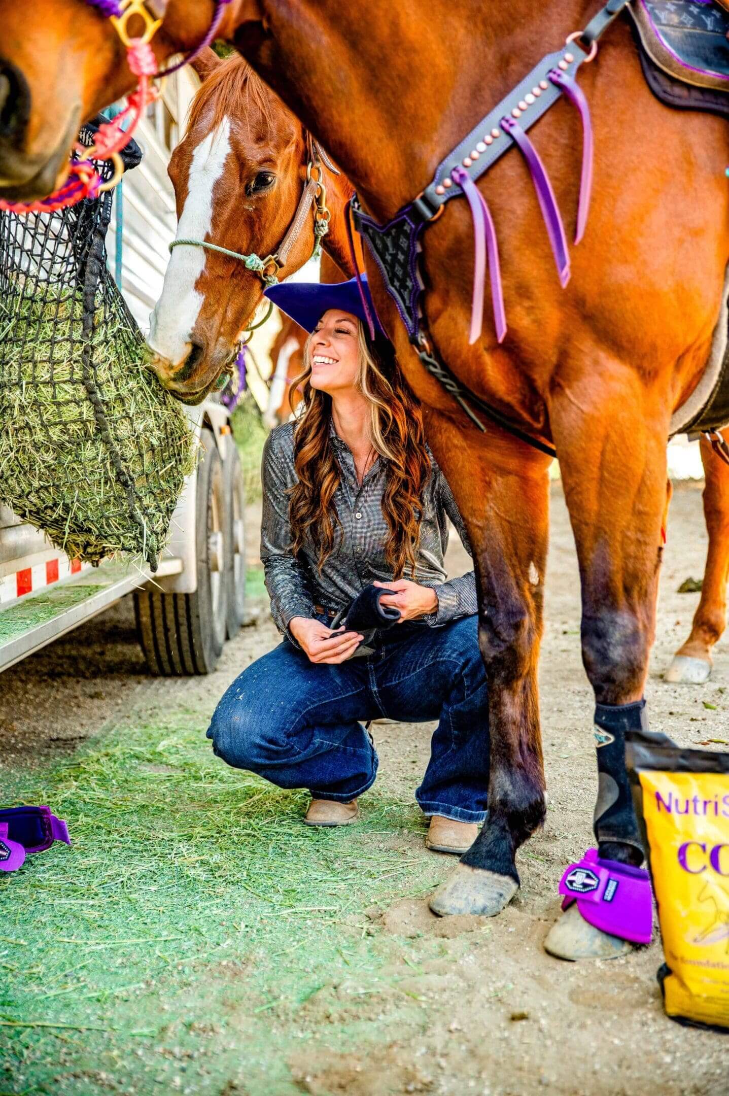 Woman with horse using NutriSana EQ supplement for horse health.