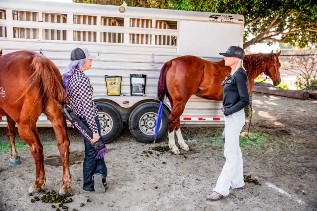 Equine supplement consultation with two women and a horse near trailer.
