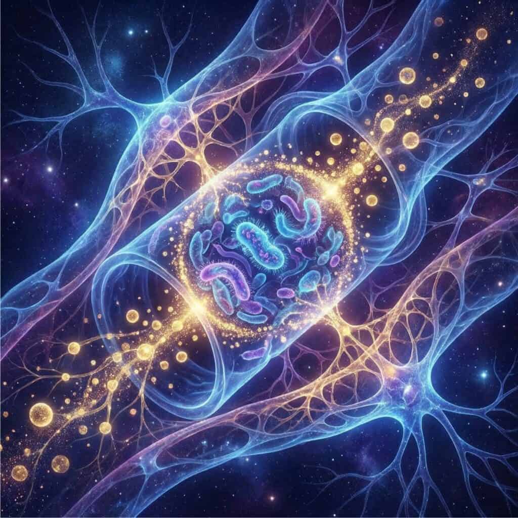 Abstract illustration of neurons and synapses for NutriSana EQ supplement. atural alternative to omeprazole for horses, horse ulcer supplement without acid suppression, hyaluronic acid horse gut health, EGUS natural treatment