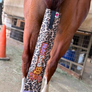 Horse tailbag with NutriSana EQ branding and leopard print design.
