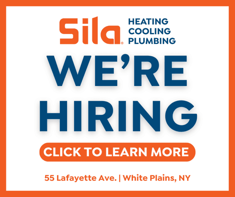 A job advertisement for Sila Heating, Cooling, Plumbing states "We're Hiring" with a button to learn more and lists 55 Lafayette Ave., White Plains, NY.