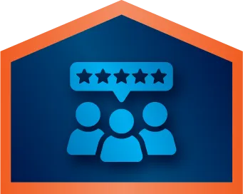 Icon of three people with a speech bubble above showing five stars, set inside a house-like shape with an orange border and blue background.