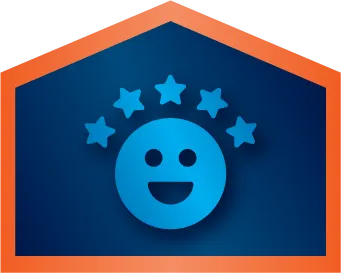 Blue smiley face with five blue stars above it, inside a hexagon-shaped border with an orange outline on a dark blue background.