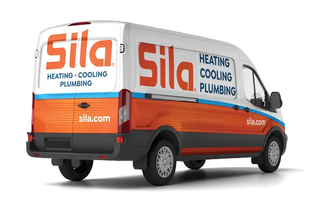 A white and orange van with "Sila" and "Heating Cooling Plumbing" printed on the side and rear, along with the website sila.com.