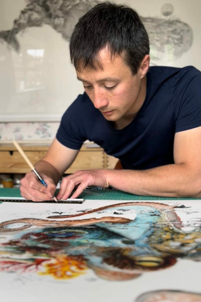 drawing in process of octopus painting