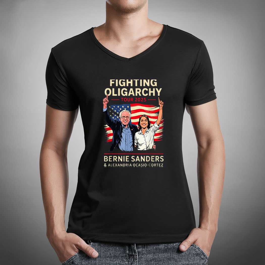 Bernie Sanders AOC Fighting Oligarchy Anti Trump US Flag 2025 Unisex V-Neck