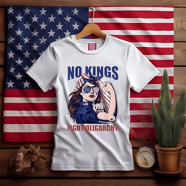 Vintage No Kings Fight Oligarchy Woman's Girl America Flag Shirt