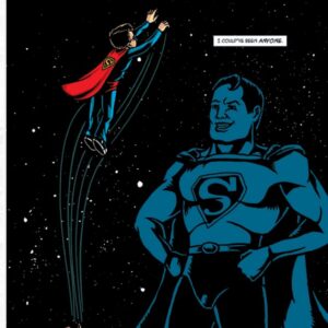 Comic page of Superman watching child flying in Superman suit toward the moon.