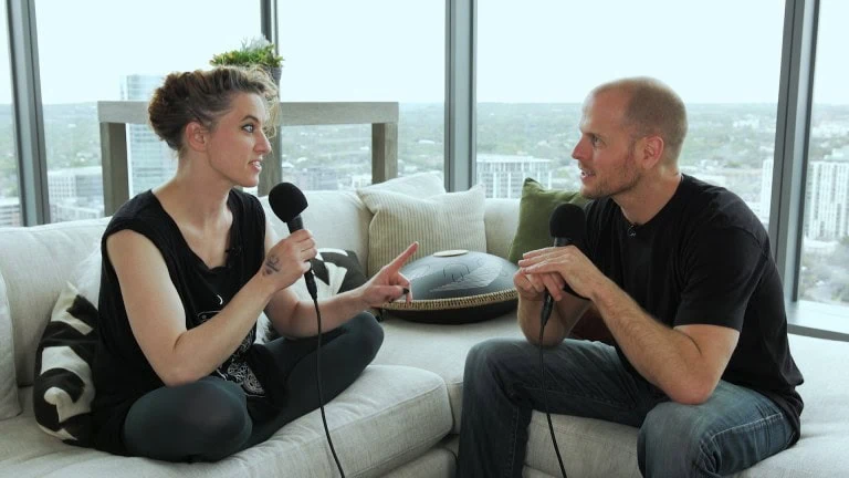 Amanda Palmer and Tim Ferris recording a podcast interview 