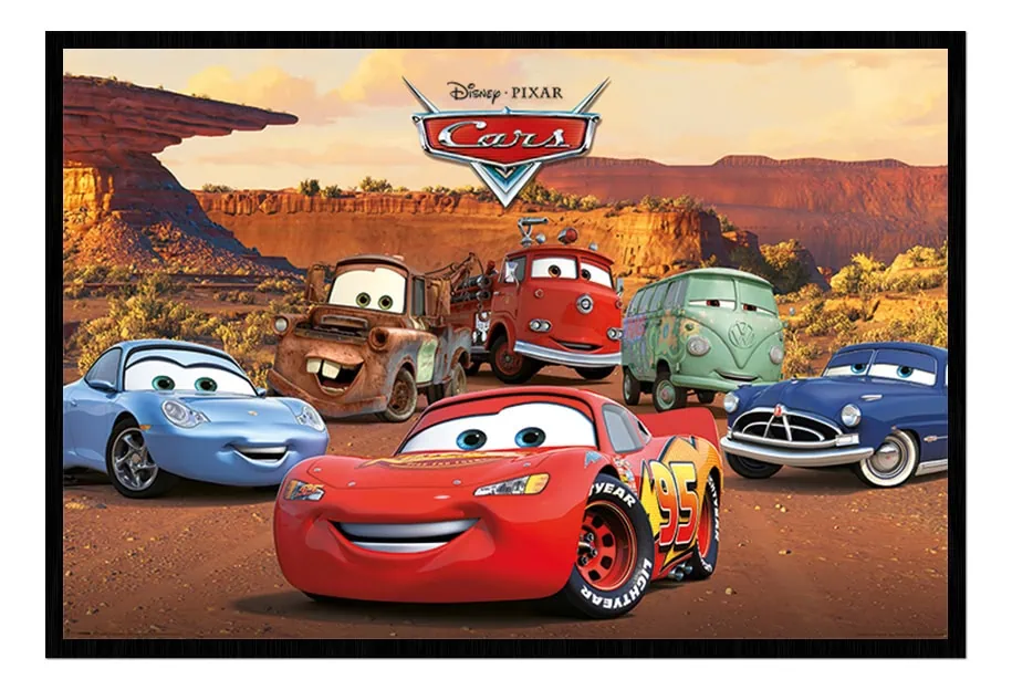 The cast of Cars posing for a poster: Lightning, Sally, Mater, and others.