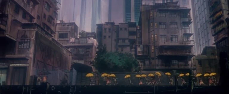 Yellow umbrellas in Ghost in the Shell cityscape
