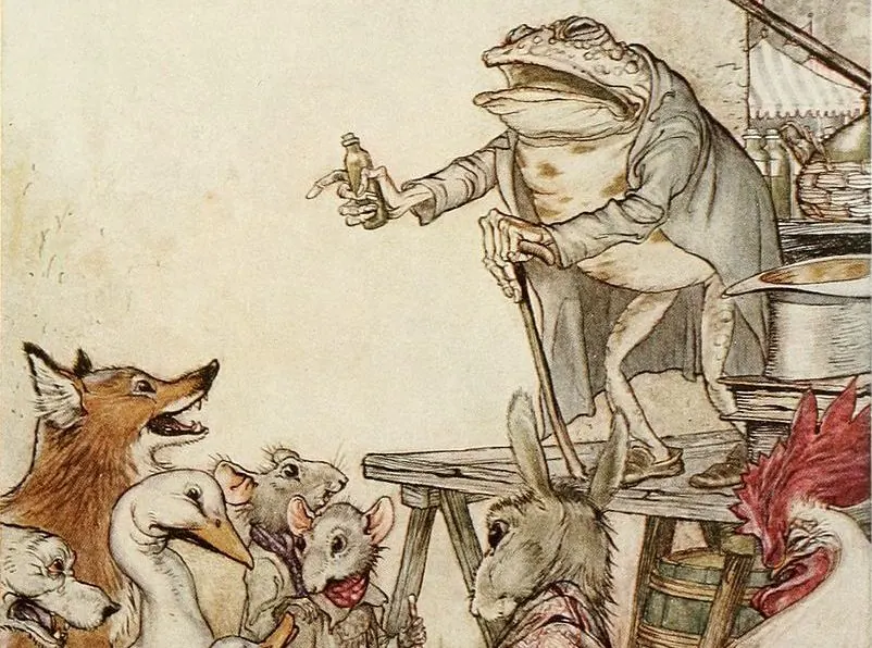 Frog taking control of the other animals in an Aesop fable