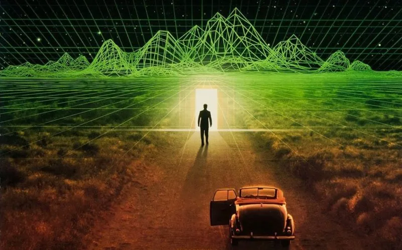 Man walking toward door of light in distance