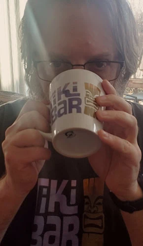 Me, in my Tiki Bar T-Shirt, drinking from my Tiki Bar mug.