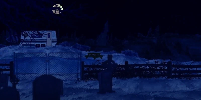 Trailer on hillside at night, in deep darkness.