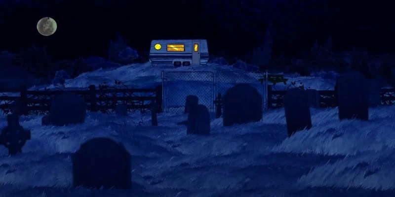 Trailer overlooking the graveyard at night under a full moon