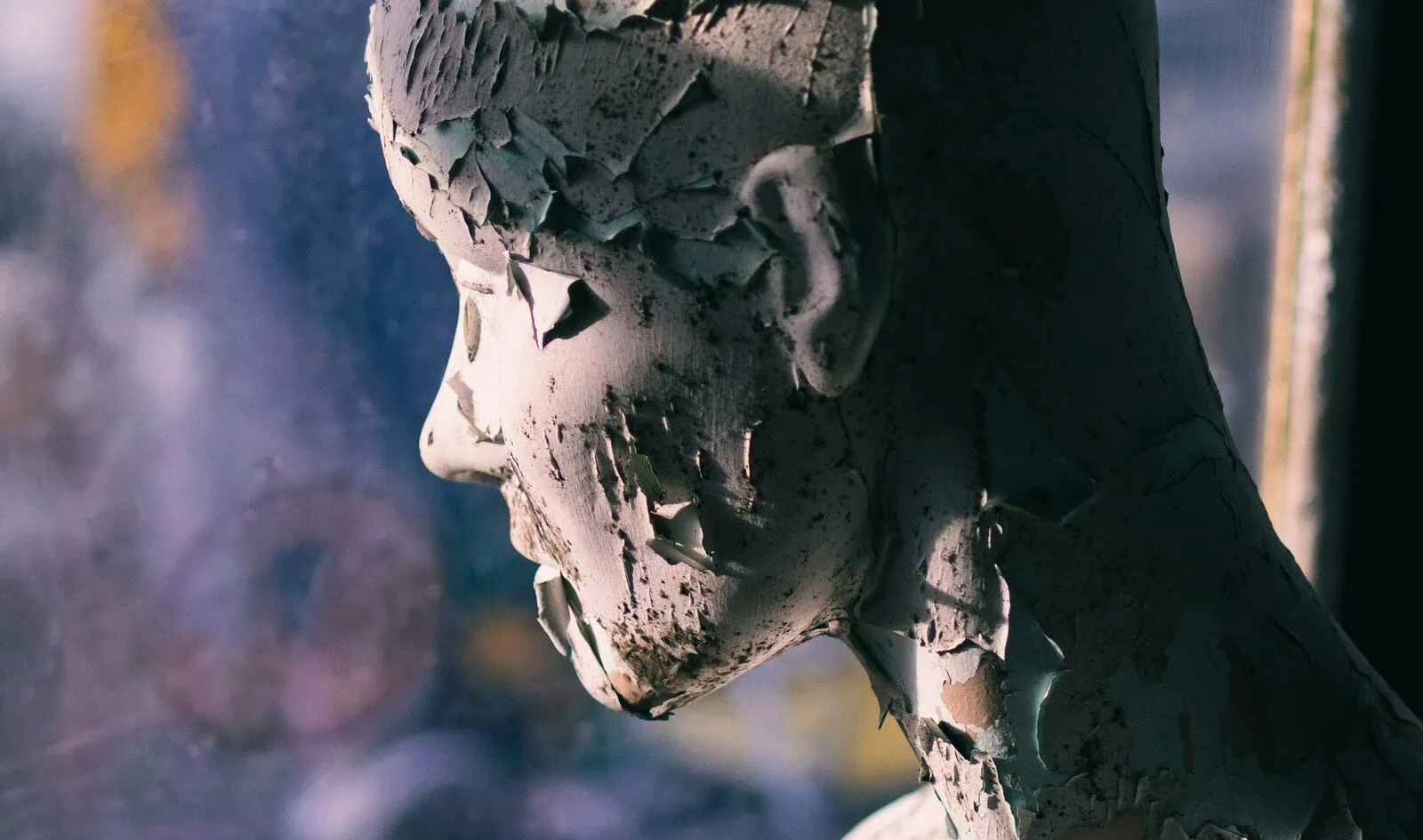 Artistic photograph of a mannikin head with paint peeling off it, appearing to look out a window.