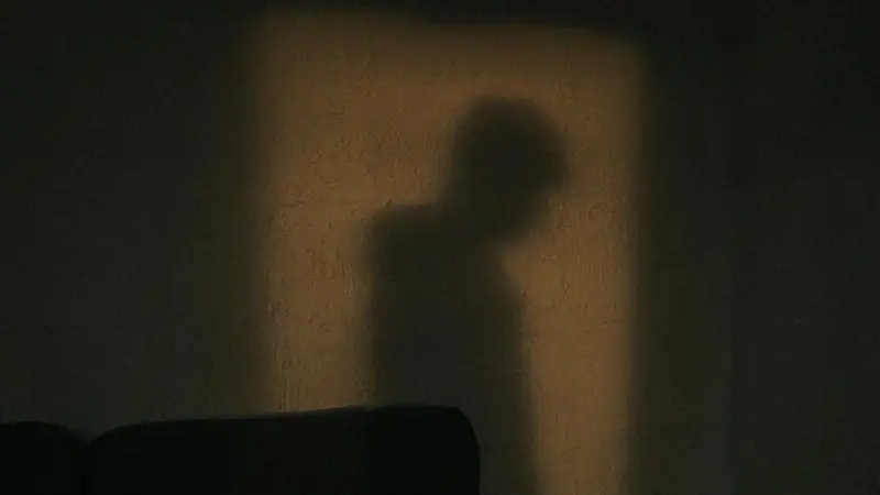 Shadow of a man against a pale brown background.