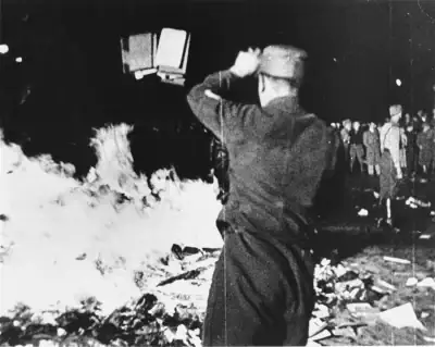 Black and White photo of a German throwing books into a pile of burning books.
