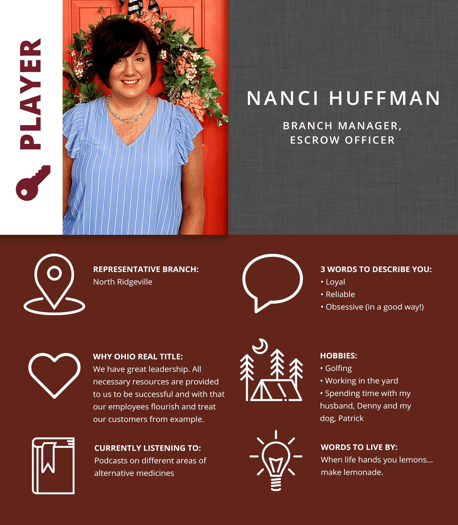Nanci Huffman employee spotlight infographic.