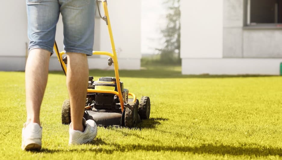 Man mowing a well maintained lawn.