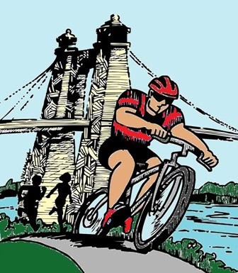 Cyclist riding along a scenic trail near a bridge.