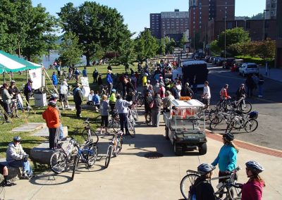 Community gathering at Ohio Valley Trail with cyclists and pedestrians.