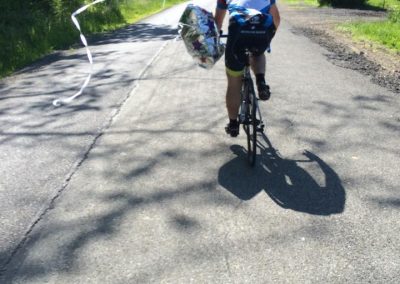 Child riding a bicycle on a paved trail surrounded by greenery.