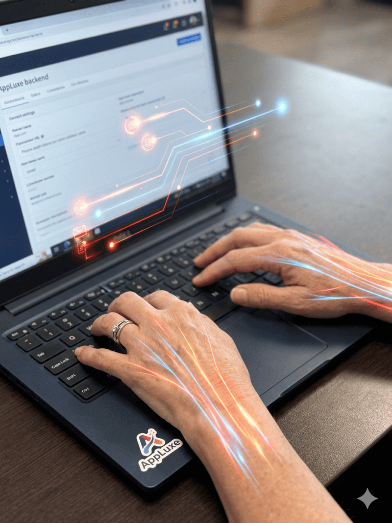 Hände Tippen auf laptop mit AppLuxe backend, digitale Anschlüsse, und AppLuxe Aufkleber. Business-Technologie-Konzept.