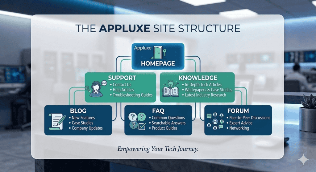 Appluxe site structure diagram showing homepage, support, knowledge, blog, FAQ, and forum.