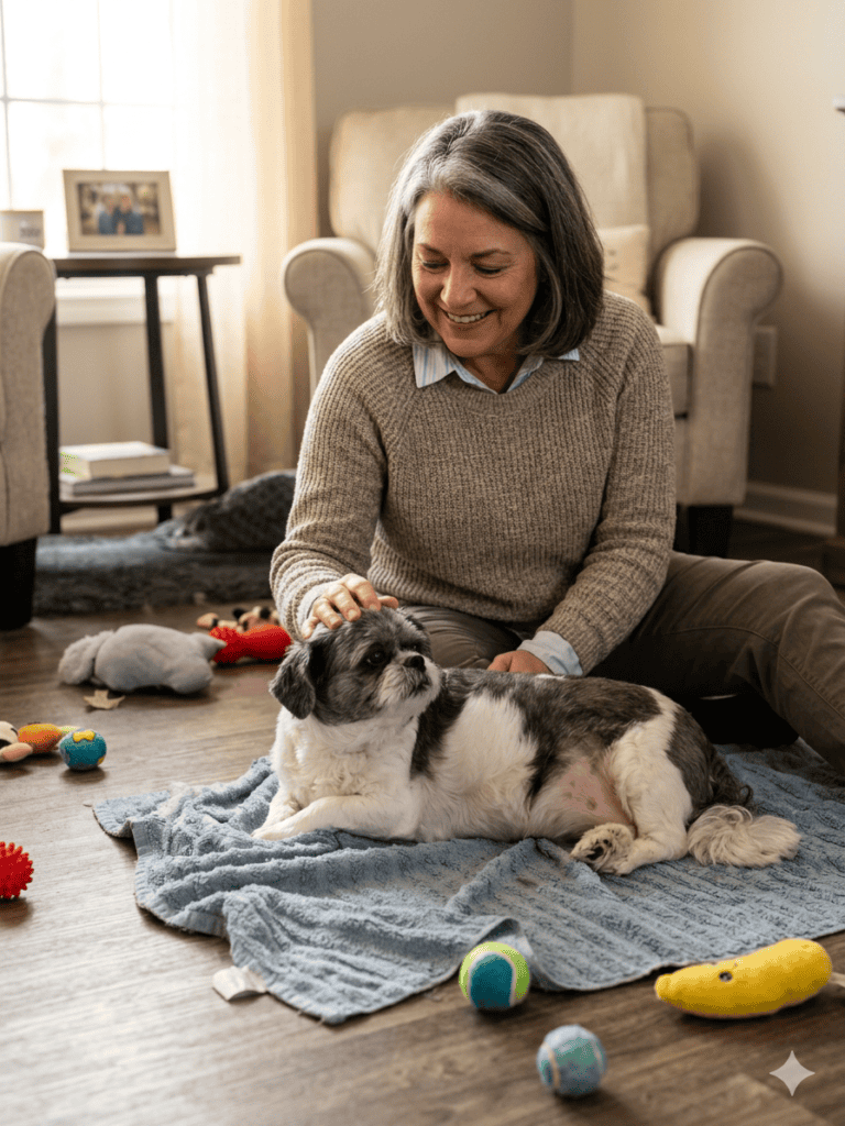Frau streicheln Ihren Hund auf einer Decke, umgeben von Spielzeug im Wohnzimmer.