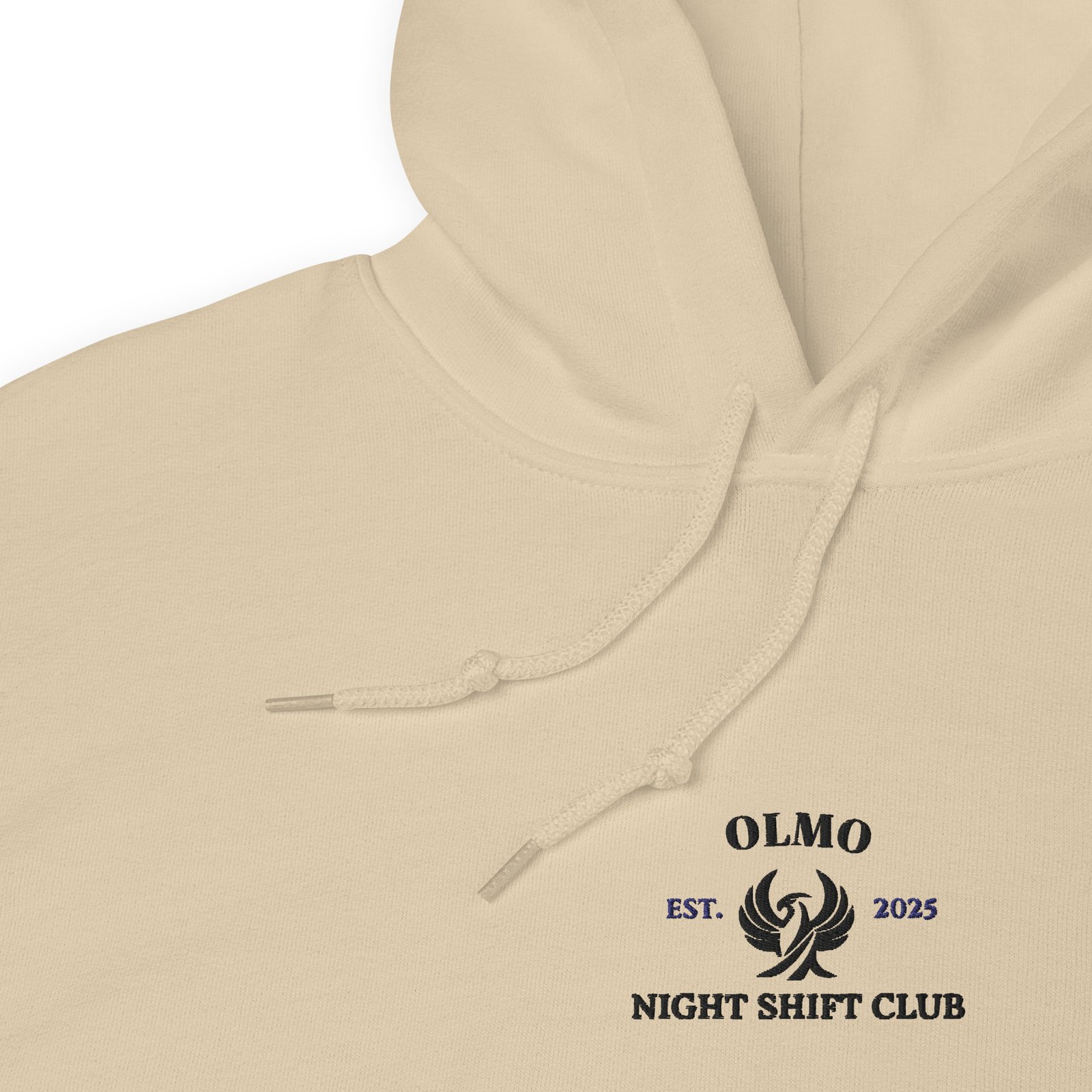 Sweat à capuche beige avec broderie Night Shift Club, idéal pour un style urbain et confortable.